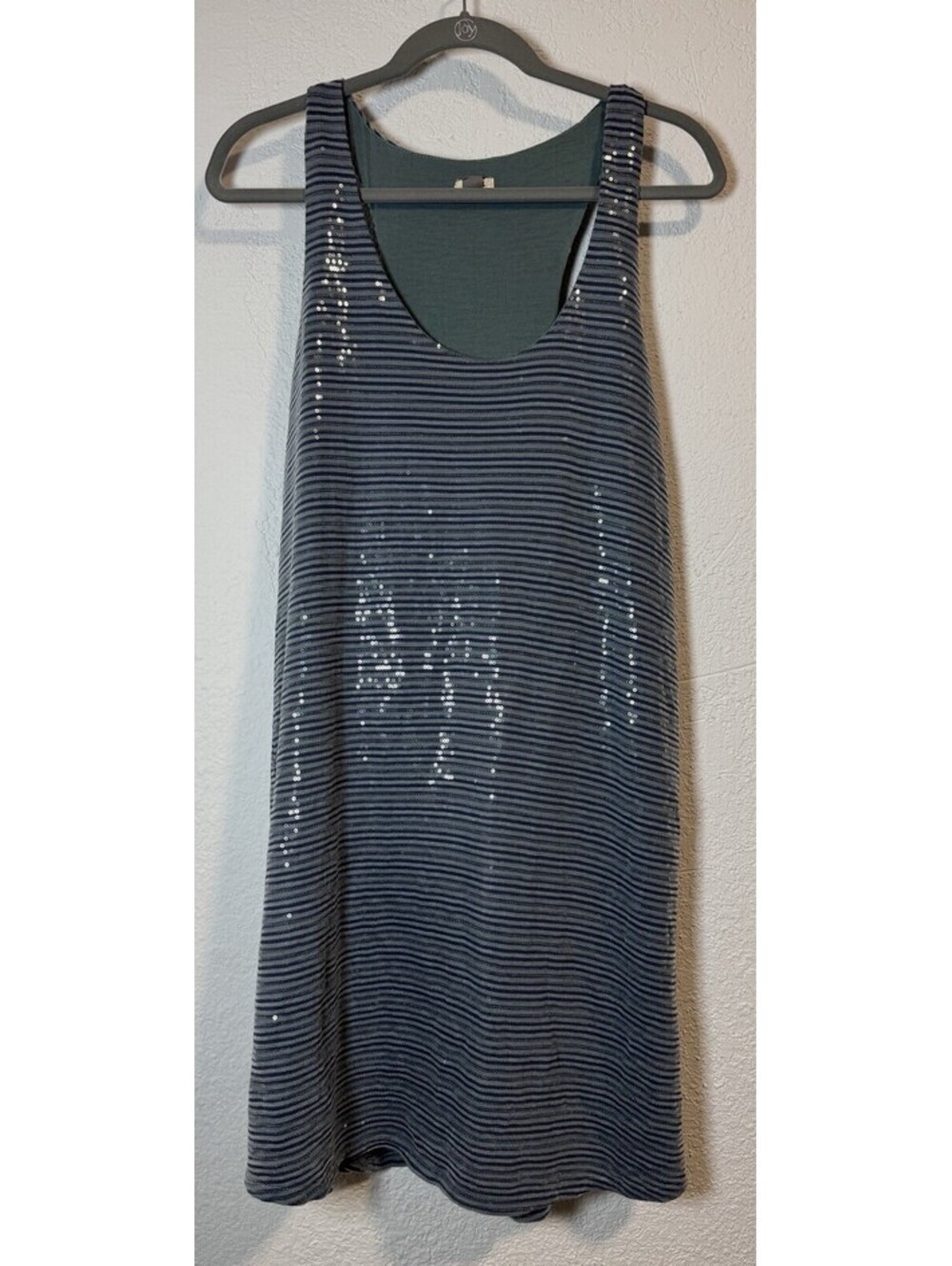 Fossil Gray Stripe Clear Sequin Racerback Jersey Knit Lined Tank Mini Dress XL